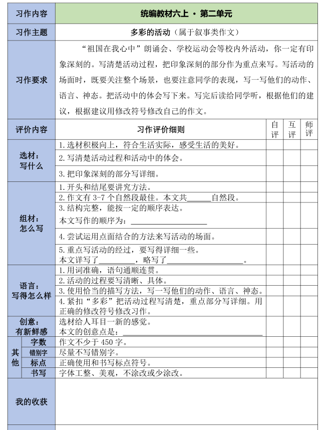 高分作文标准丨六年级上全册单元习作立体评价表可下载打印