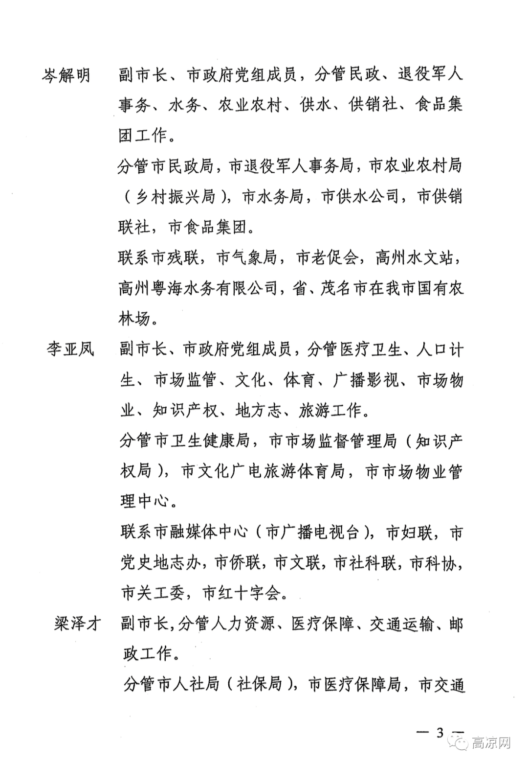 最新高州市人民政府市政府领导分工调整