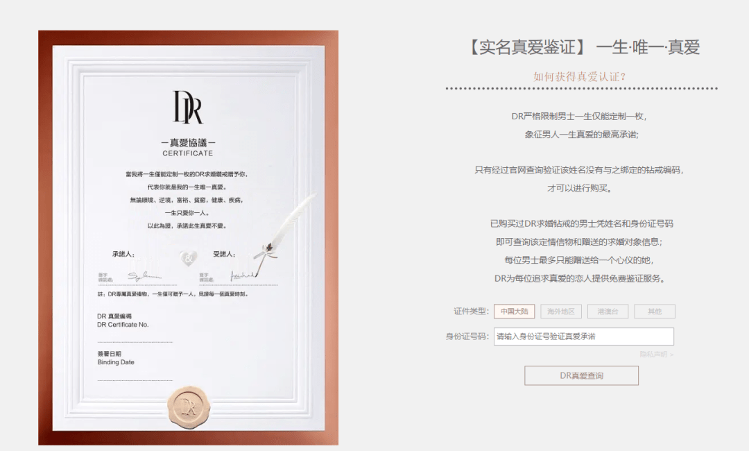 通过身份证件进行信息绑定,一生仅可购买一次dr钻戒,赠予唯一受赠人