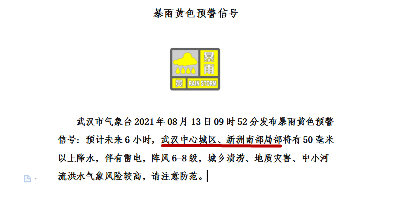 刚刚 武汉市气象台发布暴雨黄色预警信号大风蓝色预警信号