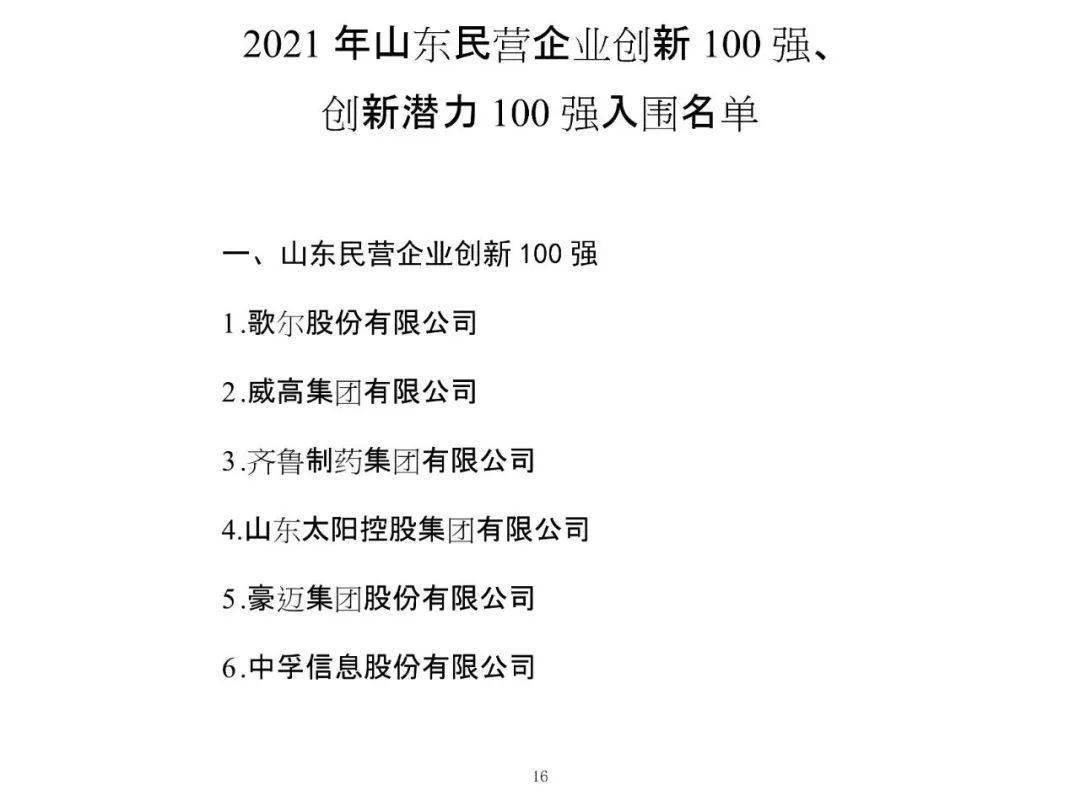 2021年山东民营企业100强行业领军10强创新100强入围名单公示