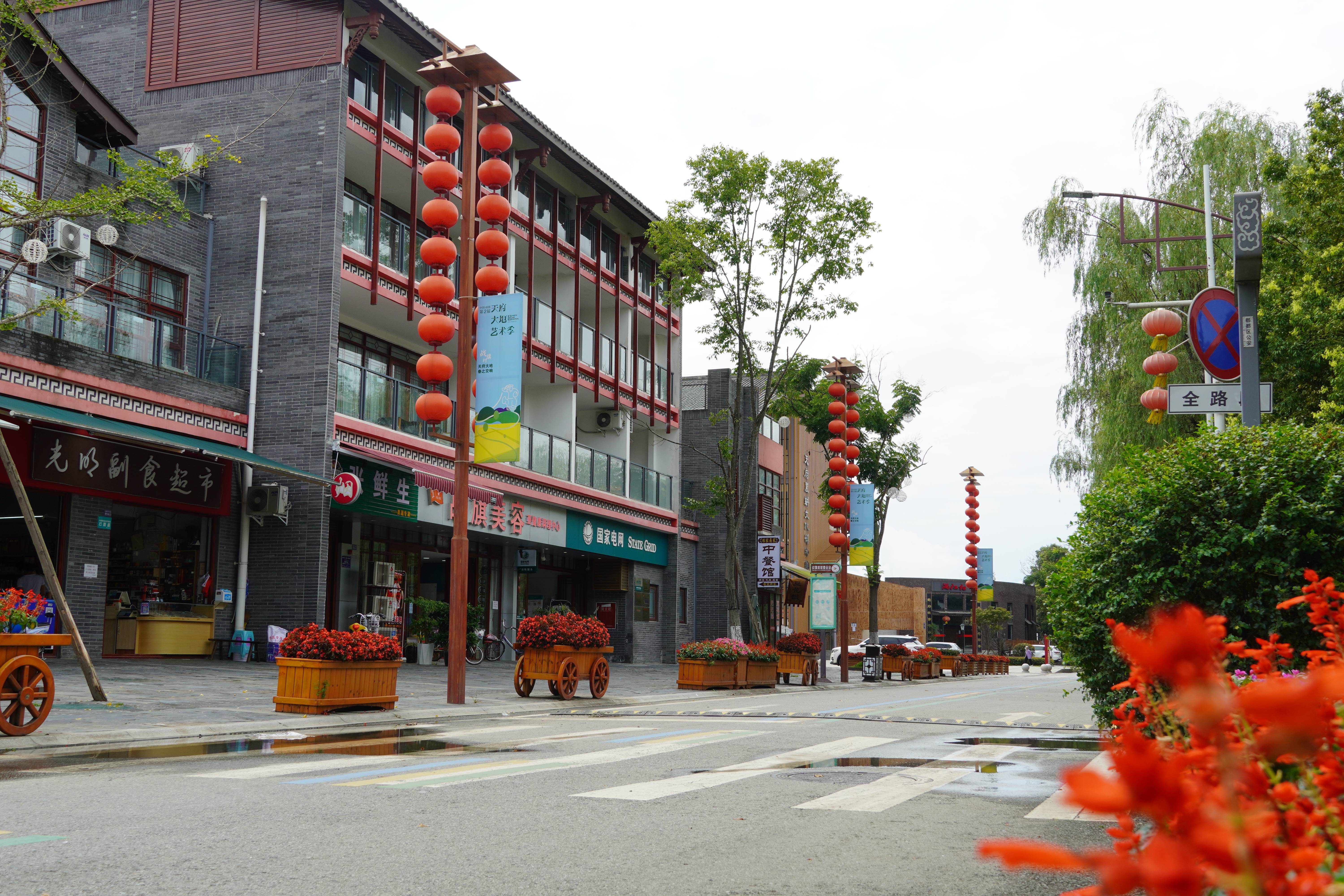 成都市郫都区战旗村村口的商铺(8月8日摄).