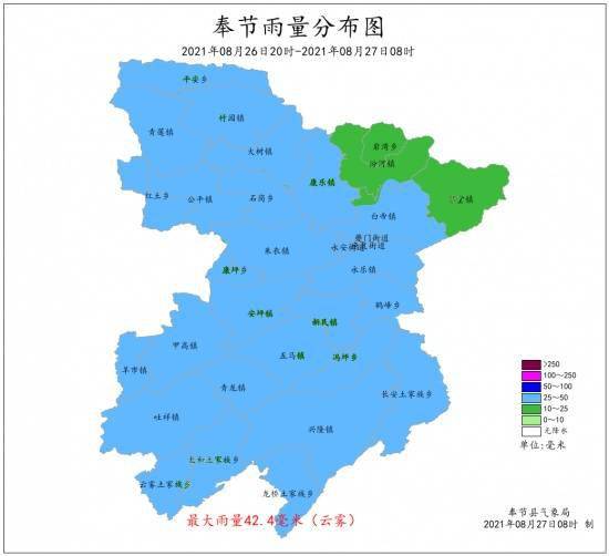 奉节县气象局2021年8月27日08时发布26日21时至27日08