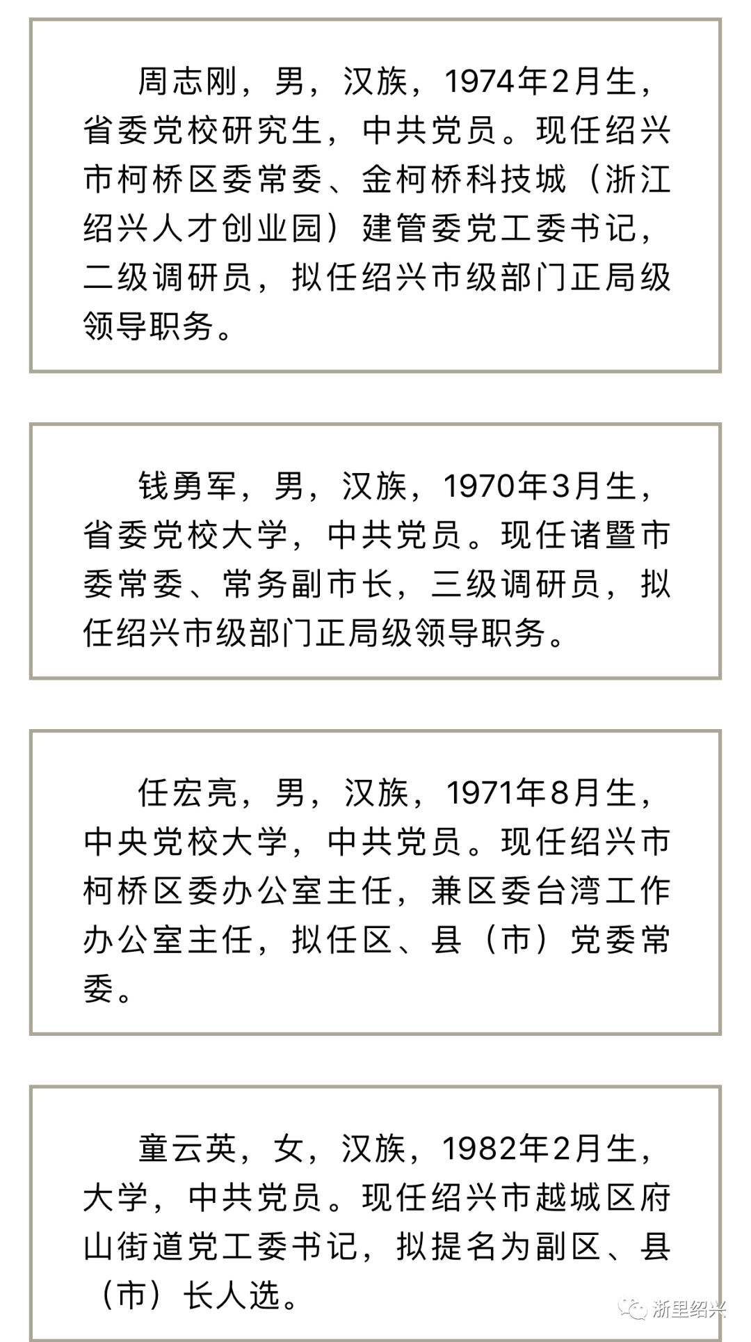 绍兴市拟提拔任用市管领导干部任前公示通告