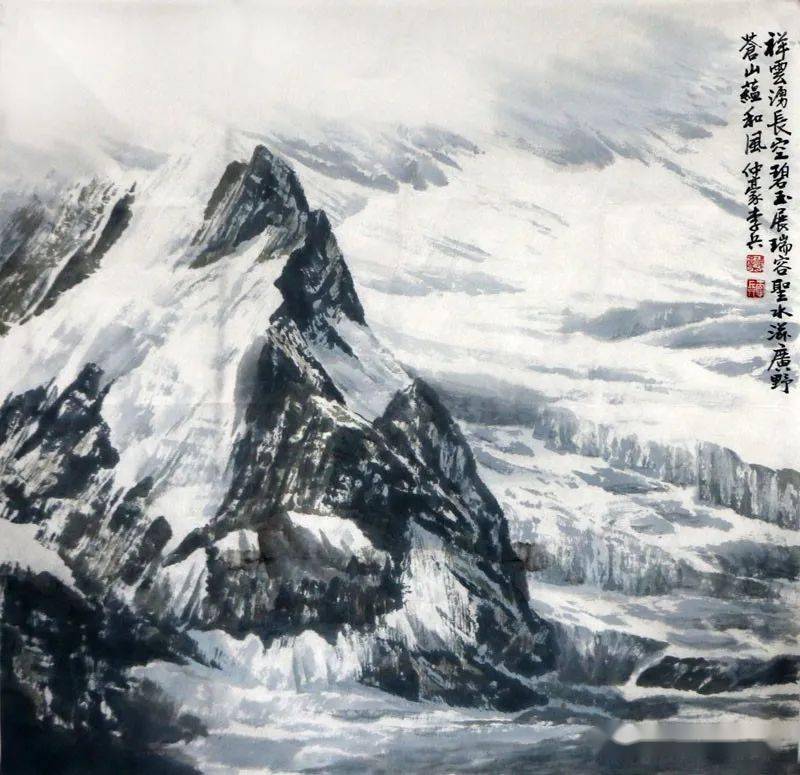 李兵先生笔下以川藏冰山雪峰为对象的山水创作,开启了水墨国画在这一