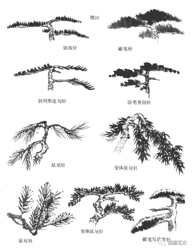 (七)松树的点苔法点苔是水墨画松的最后一道程序.