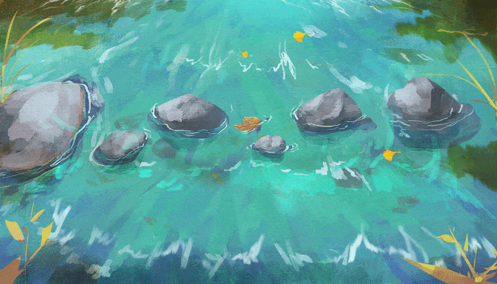 ③ 树上叶子飘了一地,一片叶子在雨中打了个漩涡落在地上.