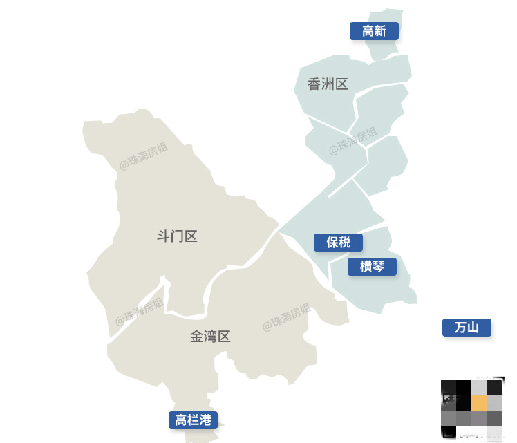 全市下辖香洲,斗门,金湾3个行政区,设有横琴,高新,保税,万山,高栏5个