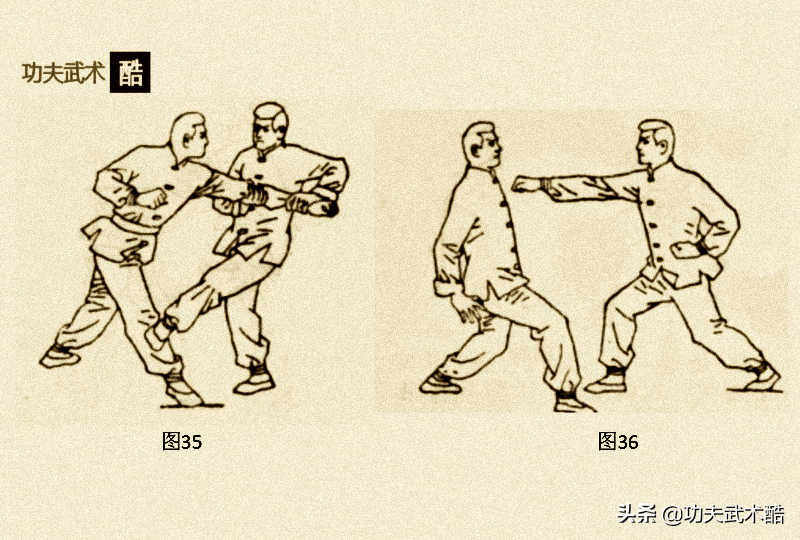 十六,二起弹踹敌方上左步,以左弓步,右冲拳进攻我方上盘;我方立即向后