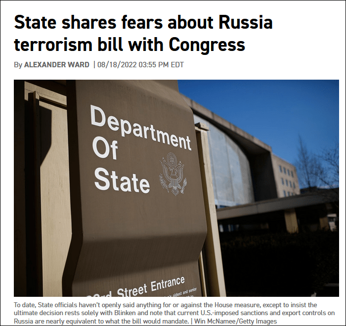 美媒：美国务院劝国会，将俄罗斯列为支恐国家会导致“严重问题”