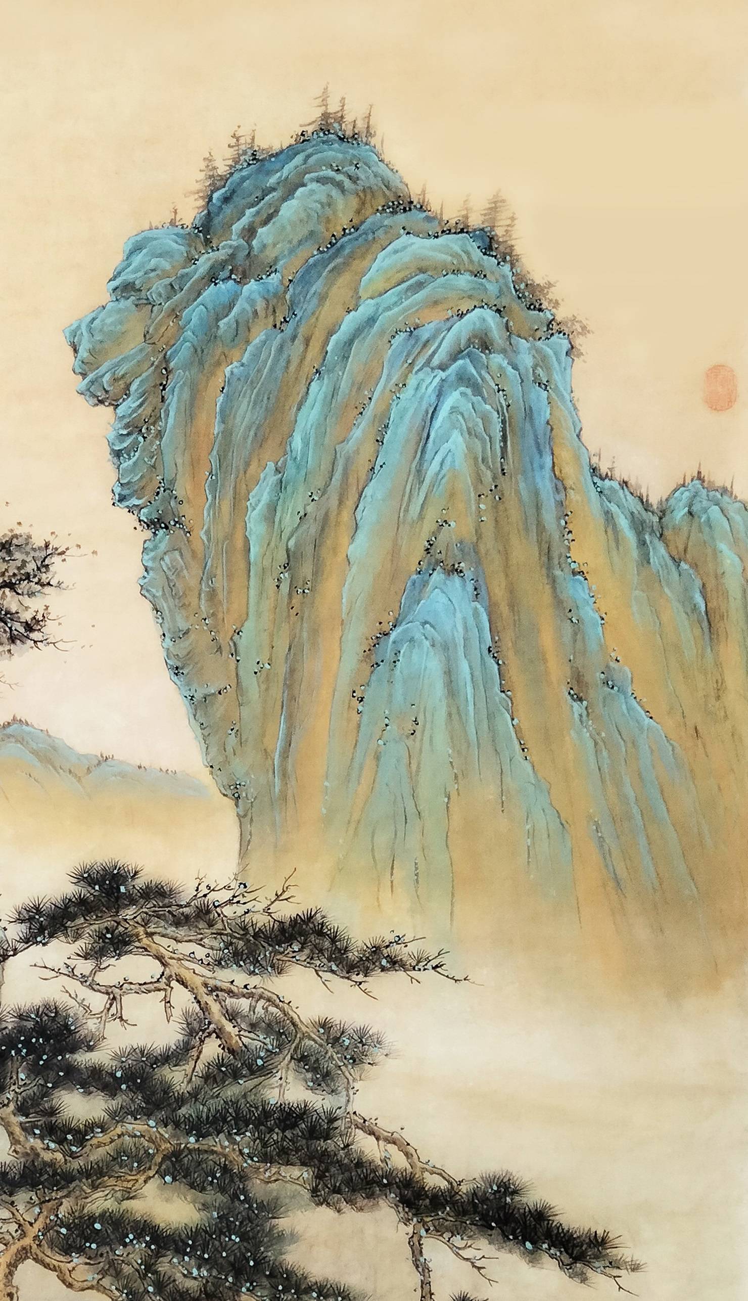 界画寒江-工笔青绿山水《双松观瀑图》_场景_效果_局部