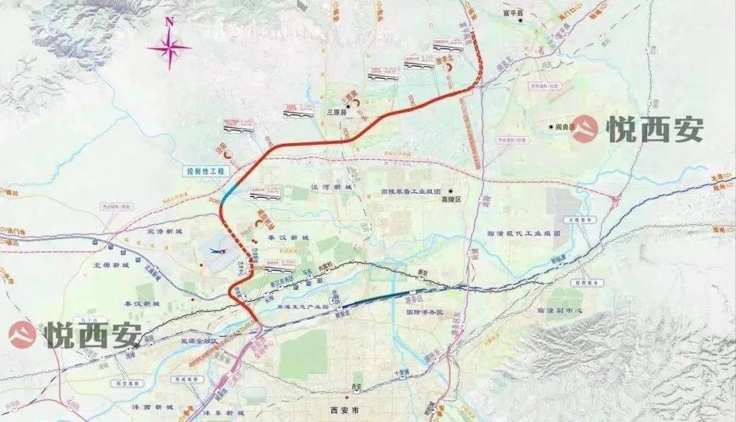 1km,线路从位于咸阳三原县的独李北站引出,途经泾阳县,泾河新城,空港