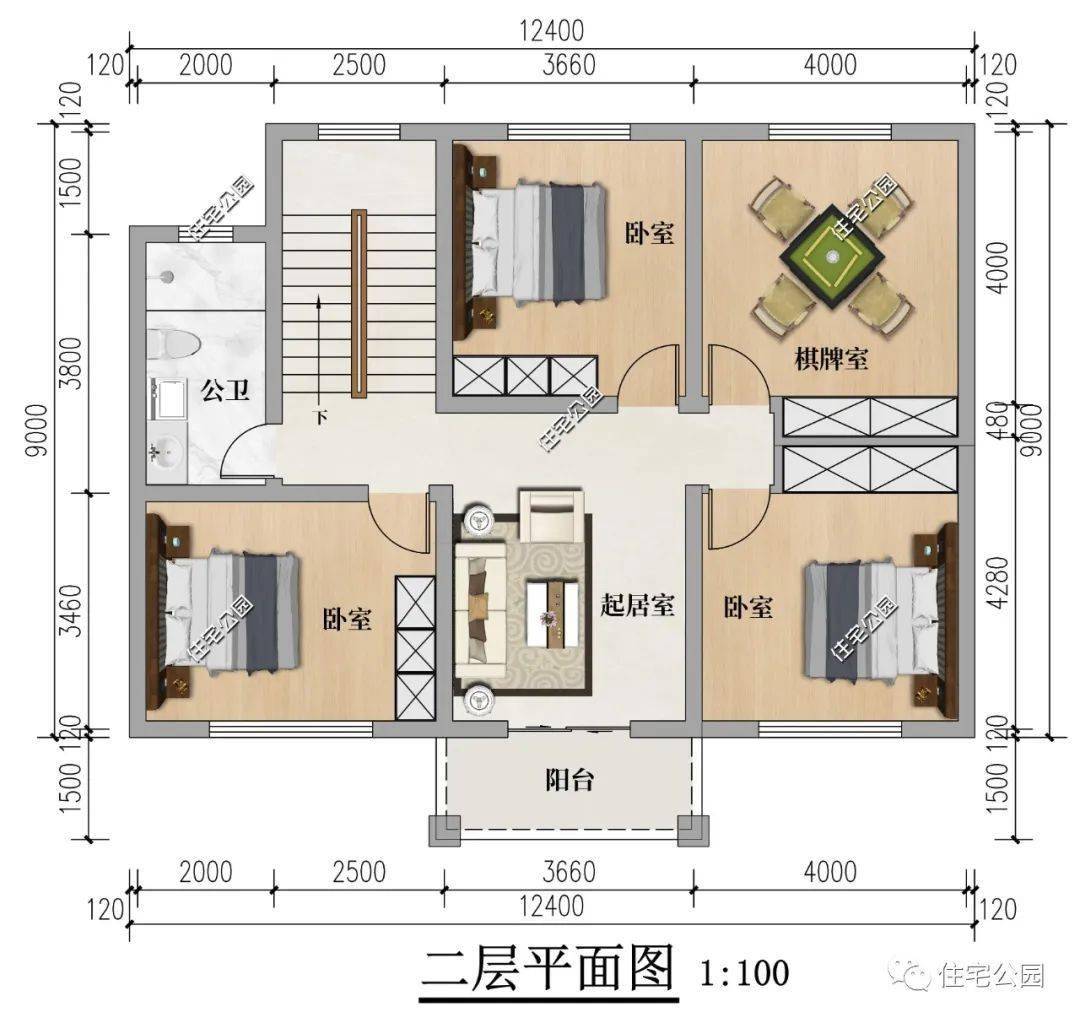 12×10米，浙江叶密斯定造二层半户型，阁楼层设想储物更便利（2268）