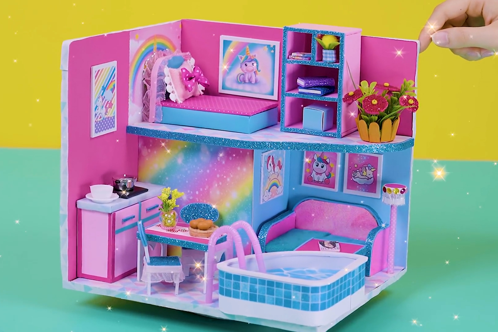 diy迷你娃娃屋独角兽的豪华彩虹别墅