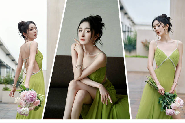 杨幂着绿色开衩裙亮相时尚活动 露背设计明媚性感