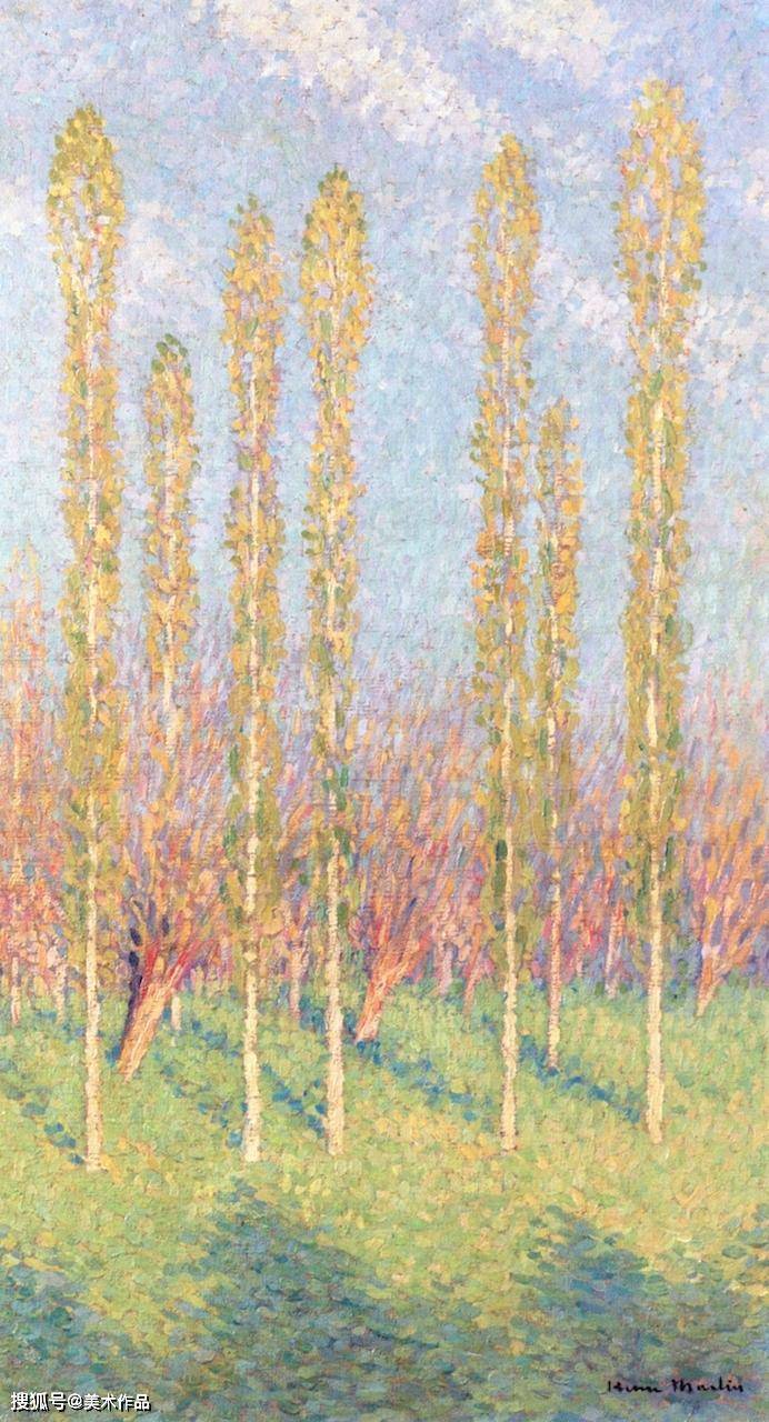 杨树风景点彩画:沿河的白杨树,穆林山谷附近的杨树-亨利·马丁