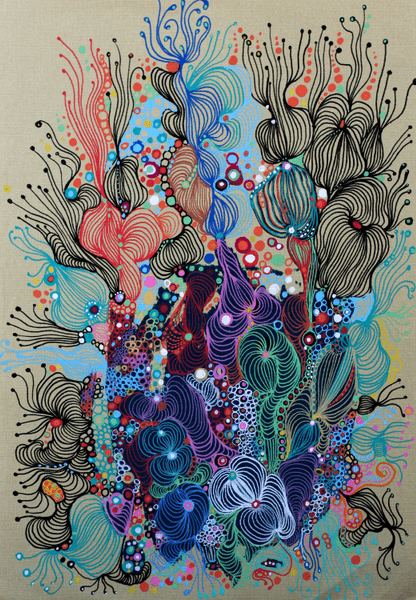 诺埃米主要运用丙烯颜料和马克笔进行创作.