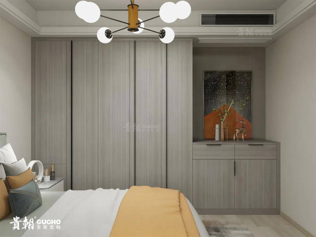 在银梨木纹众多的颜色中,贵朝全屋定制选取了柔和淡雅的浅灰色和深沉