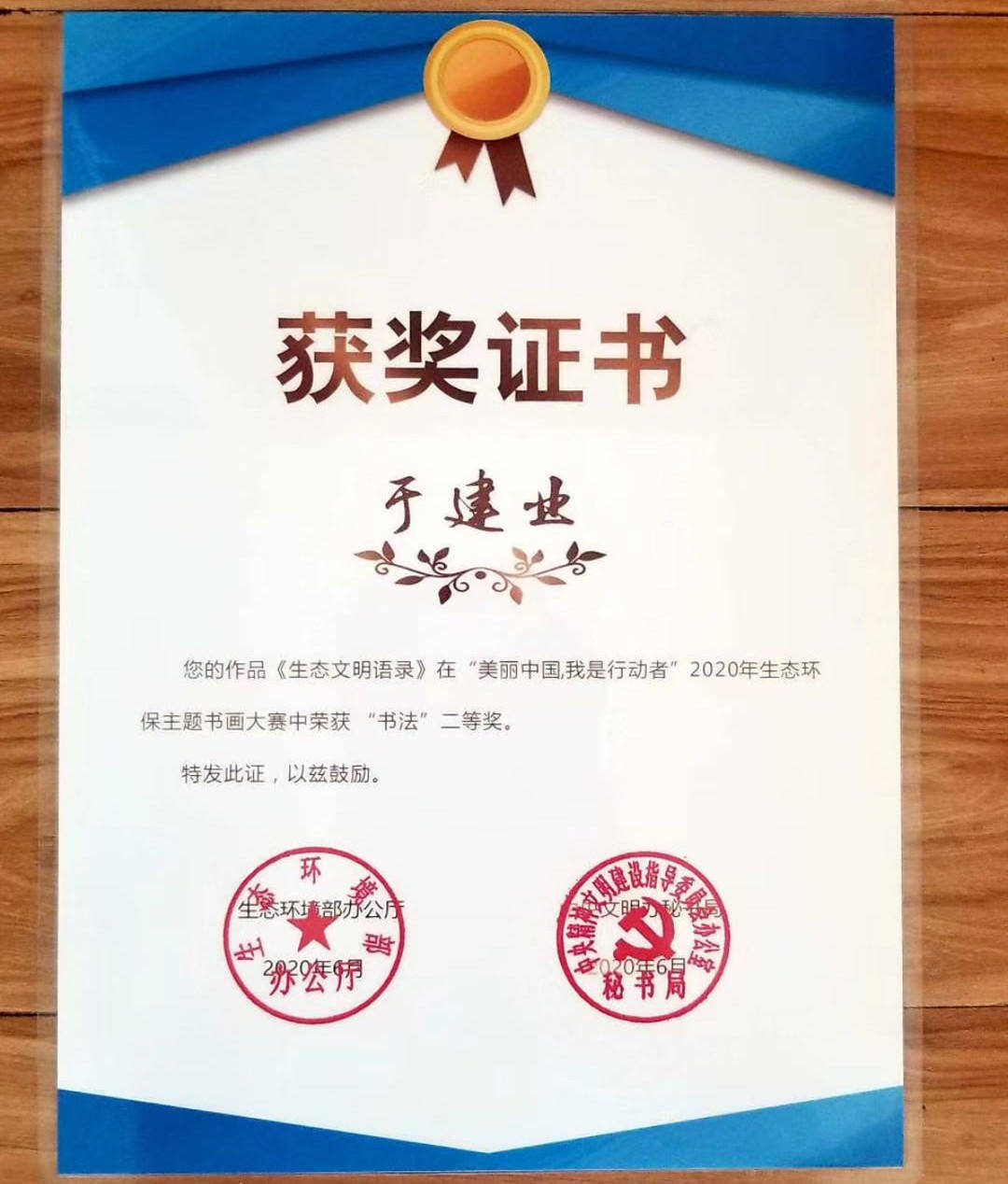 山东书法家于建业，荣获“美丽中国，我是行动者” 主题书法大赛二等奖