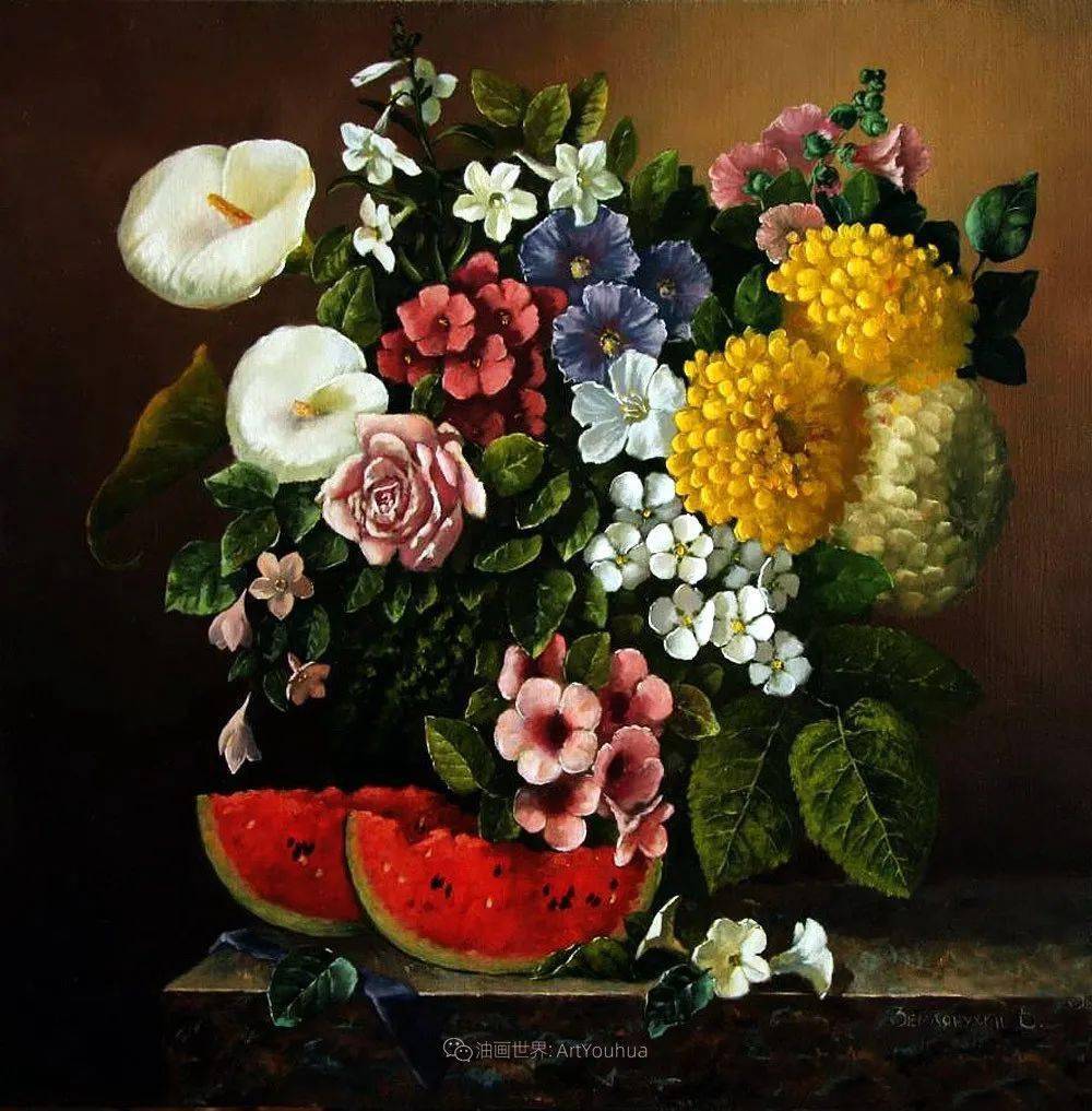 俄罗斯画家de油画与水粉的交融,不一样的花卉!