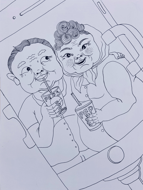 第一步:运用黑色勾线笔在白色卡纸上绘画出被自拍杆夹住的手机造型,在