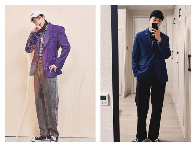 纯色西装的可搭配性十分多,搭配纯棉t恤是最基础的穿搭.
