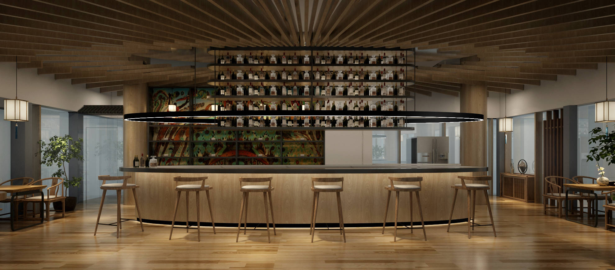 设计师保留现场造型,在下面做弧形吧台和酒架与顶面椭圆形造型相呼应