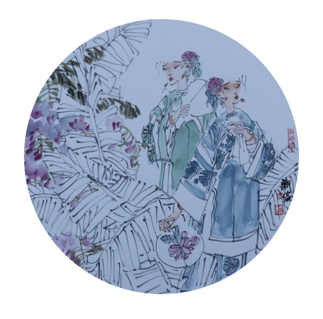 王新伦 人物小品扇面 42*42cm 2020年作