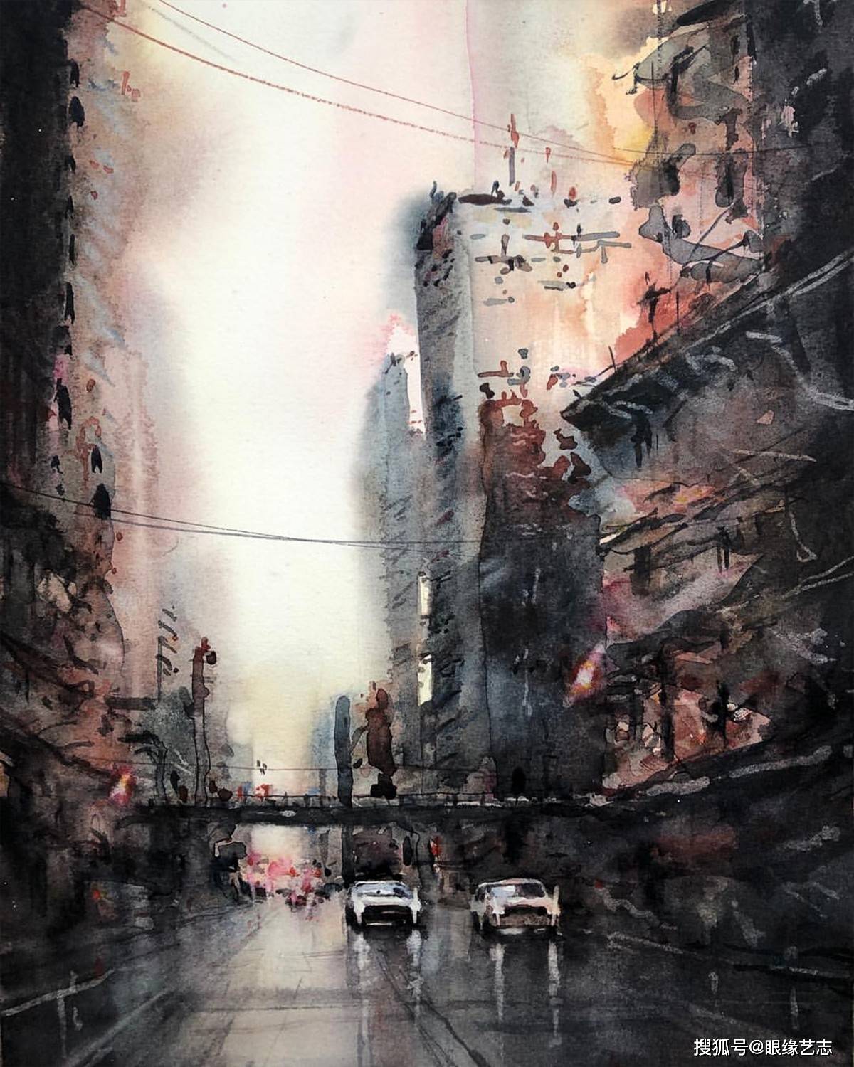 原创老师眼中的水彩风景:色彩里的小城故事,旅途中的暮色郊外