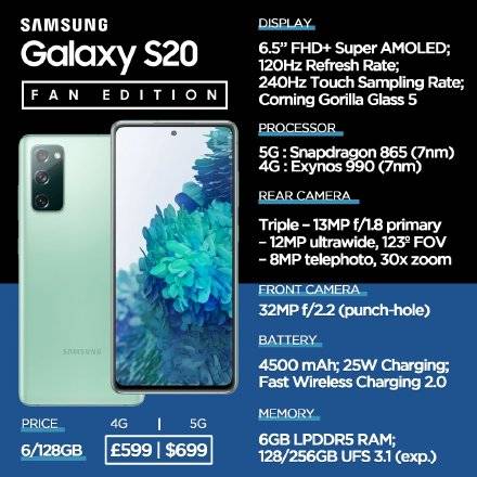 三星s20 fe版有猎户座990和骁龙865两个版本,猎户座990不支持5g,售价