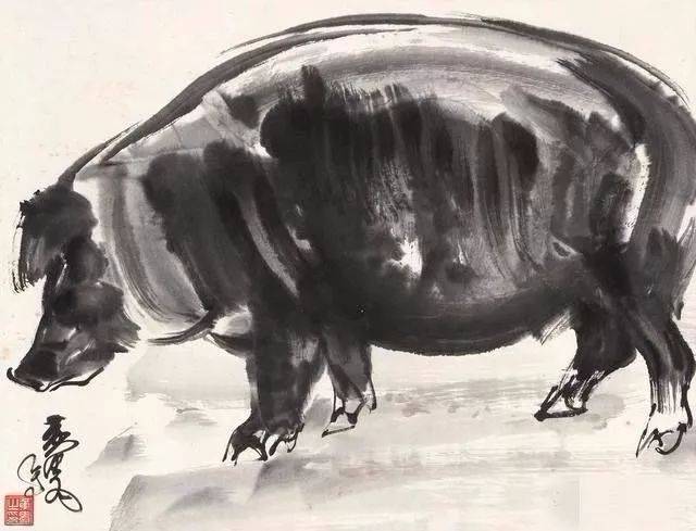 癸亥年春黄胄写于雨石居六畜之首赶猪图猪年画猪黄胄笔下的"猪",形象