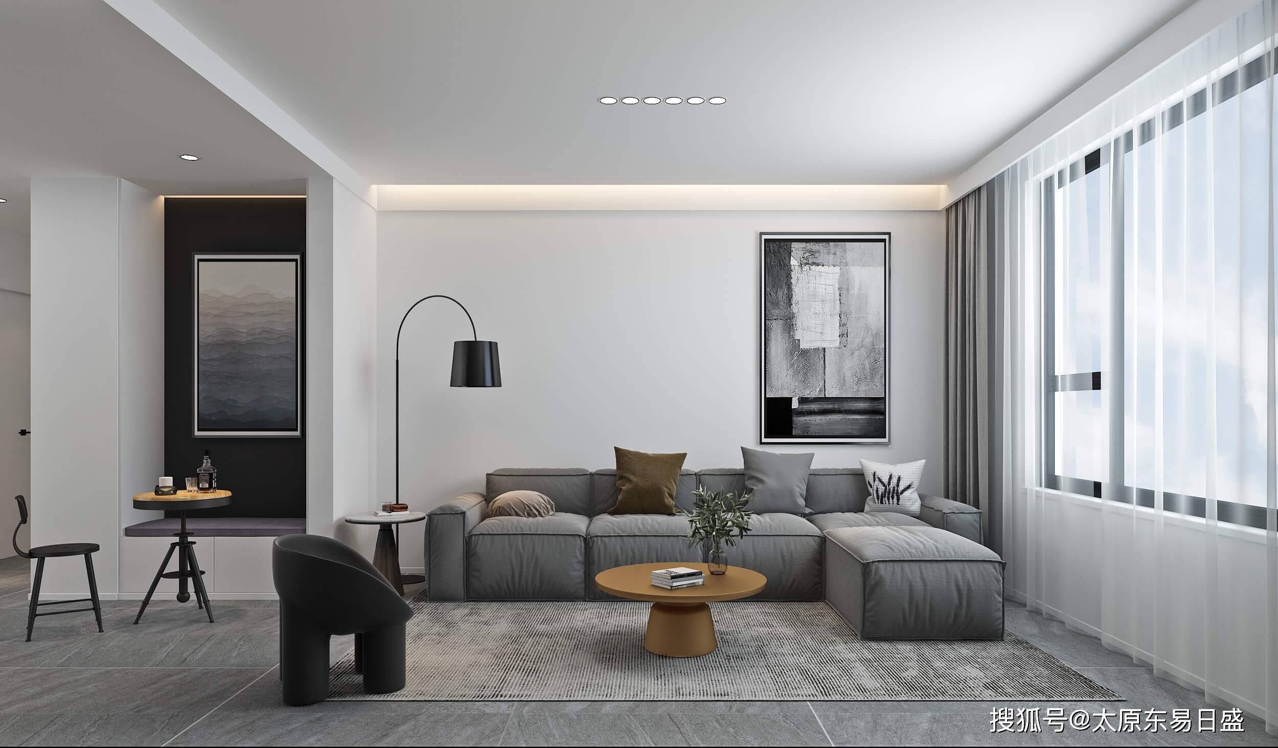 137㎡现代风,以黑白灰配色设计,木色和金属点缀