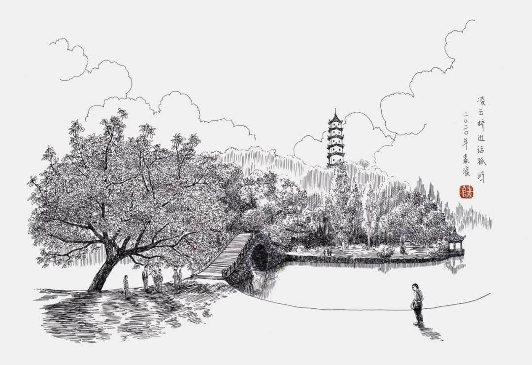 线是画家麦浪笔下的线.他以一支钢笔,在江心屿岛上携线散步.