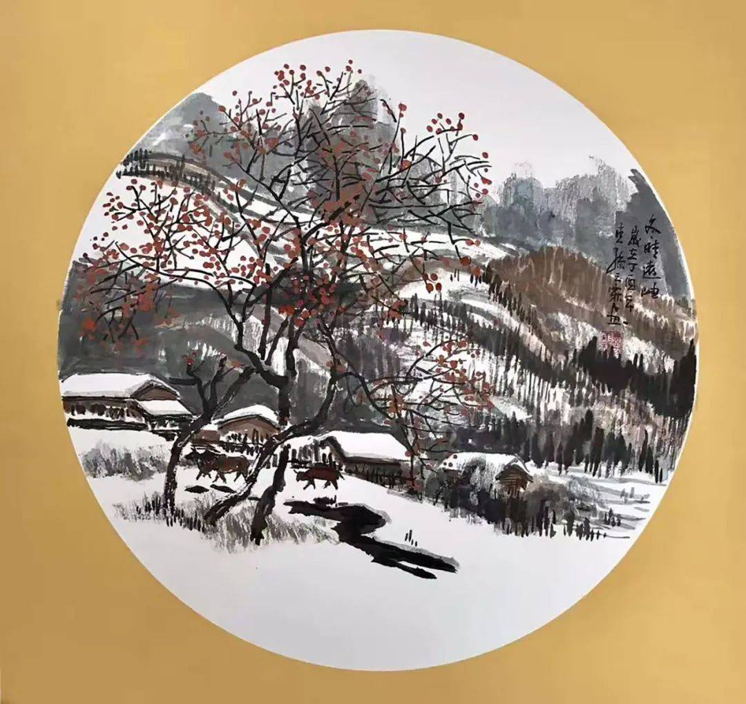 圆形国画雪景图片