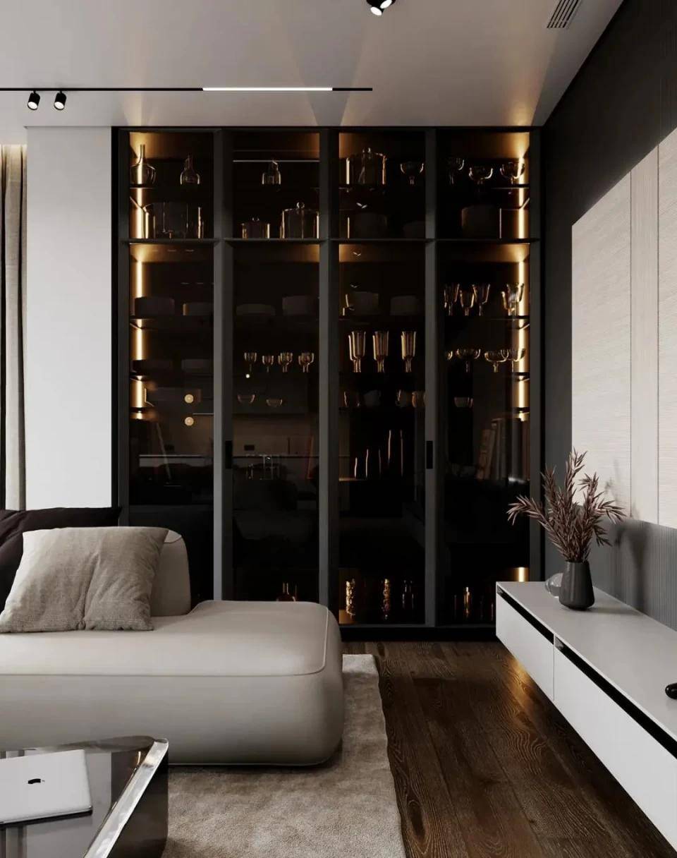 酒柜,黑色的柜体与整个客厅形成一个色彩对比,很是吸引眼球,玻璃门的