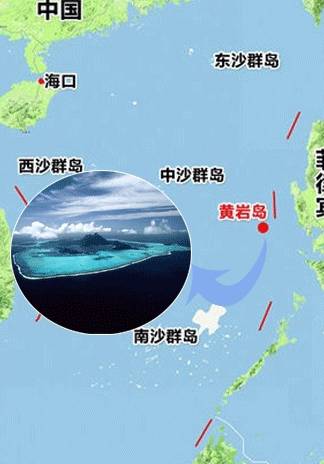 黃巖島的位置和衛星影像圖黃巖島距離裡海南島500海里,距西沙群島340