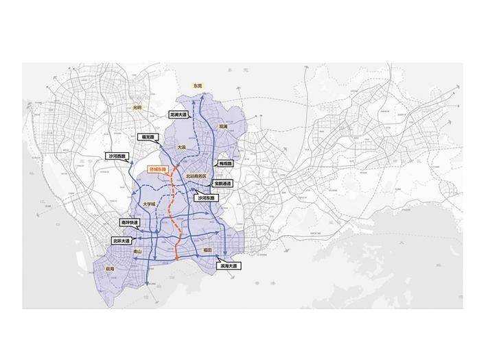 侨城东路北延通道工程北起福龙路,往南下穿阳台山后,与规划宝鹏通道