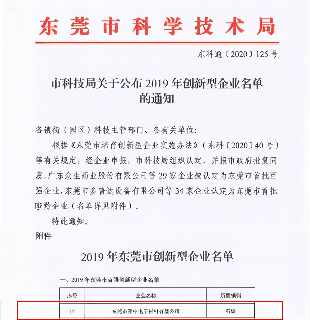 喜报!澳中上榜东莞市首批百强创新型企业