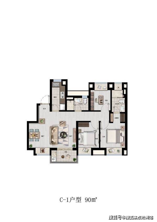 青浦【首創禧悅繁花裡】②梯戶比:2梯4戶①建面:80㎡(3/1/1)戶型二:②