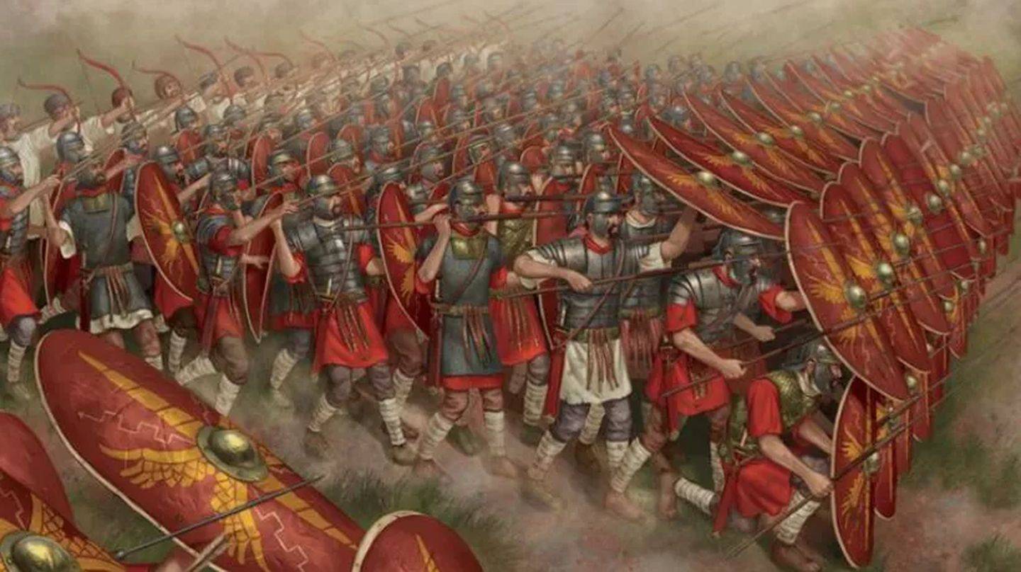 组成龟甲阵的罗马军团库什人的战术同样相当落伍,他们不知道应该怎样