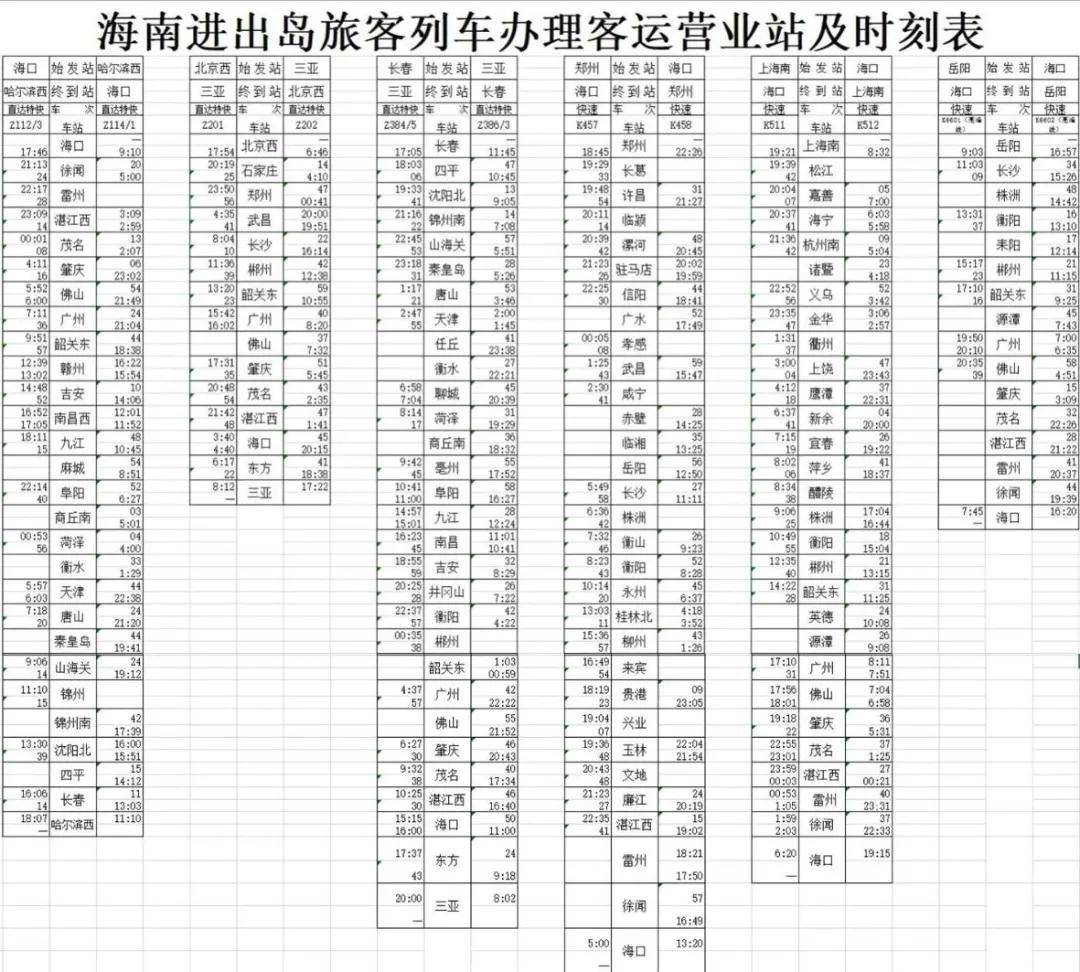 注意海南鐵路20日起實施新列車運行圖