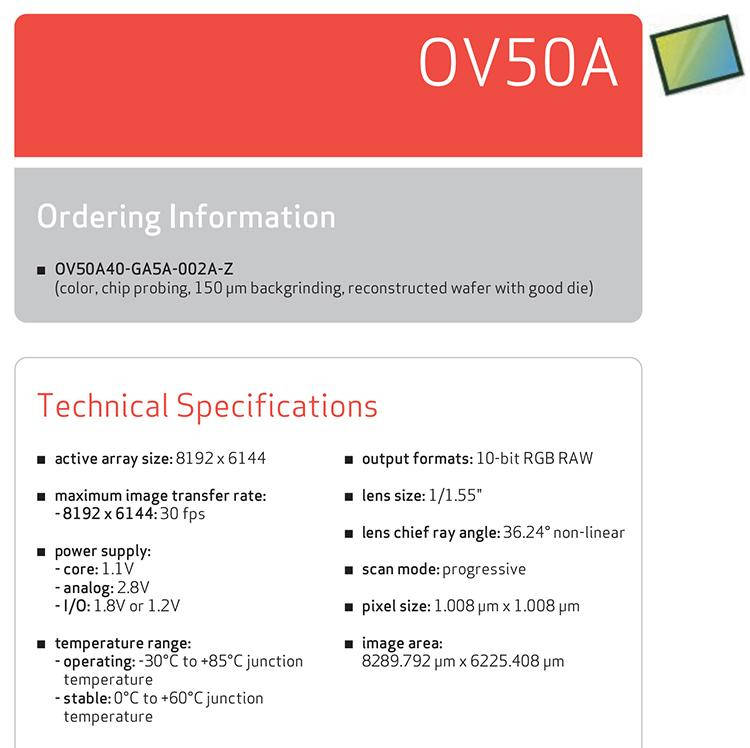 尺寸|豪威科技推出OV50A传感器：5000万像素，1/1.55英寸