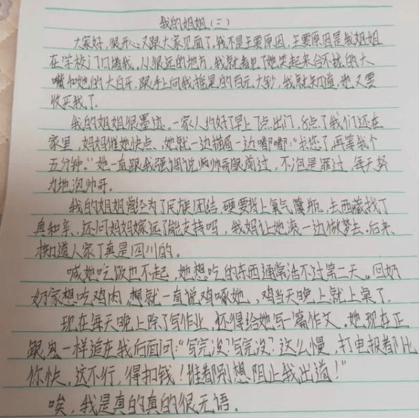 小学生作文“反面教材”，凑字数、编故事行为太明显，爸妈想打人_姐姐