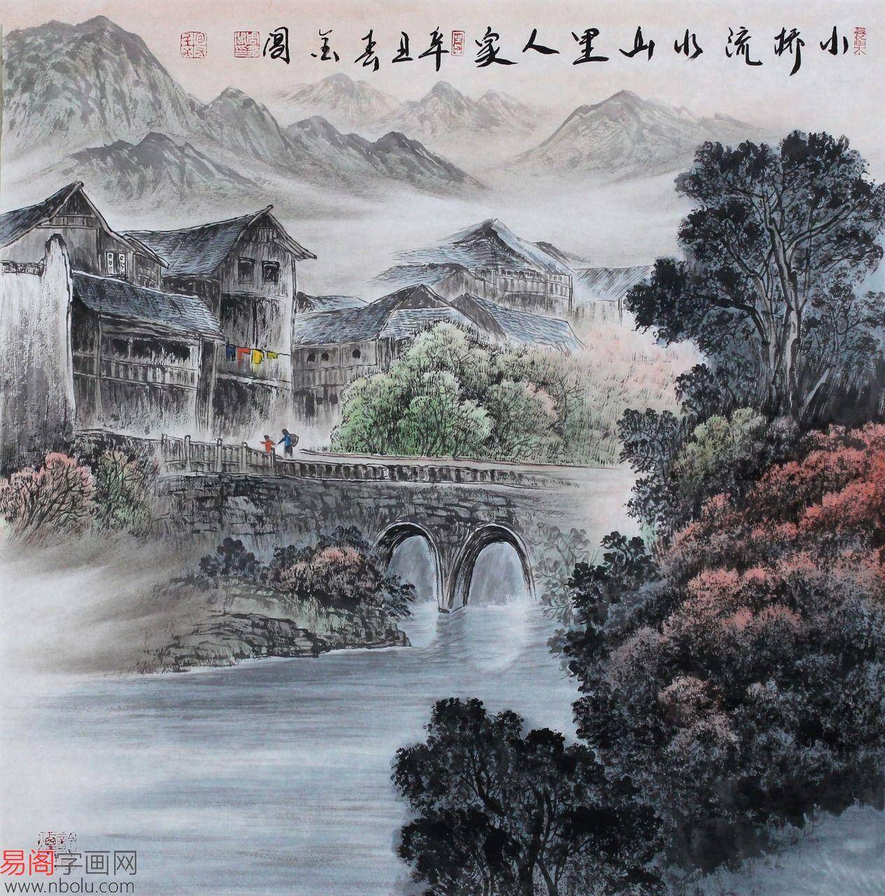 从画面构图中可以看出,周金阊老师的山水画以古朴浑厚