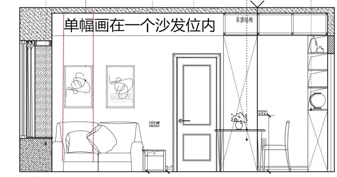 把两幅画居中在背景墙上,然后每幅画的比例控制在单个沙发位的尺寸内