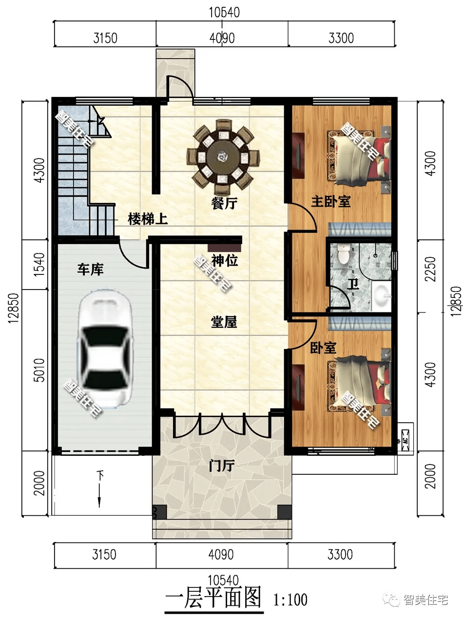 平面圖:一層也是南北通透,廚房單獨建,配堂屋和車庫,二層設四室一廳一