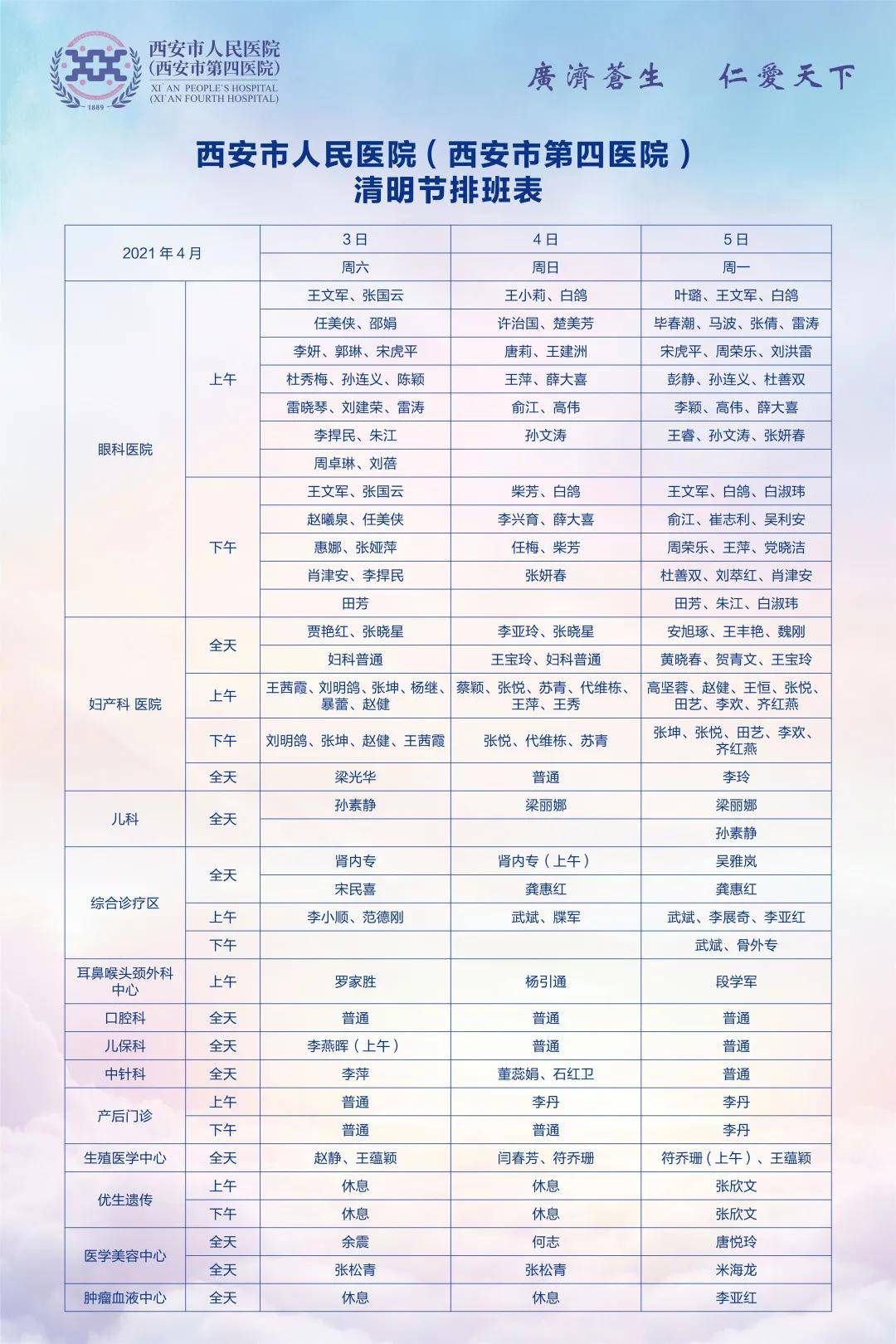 西安市人民医院(西安市第四医院)清明假期医师值班表
