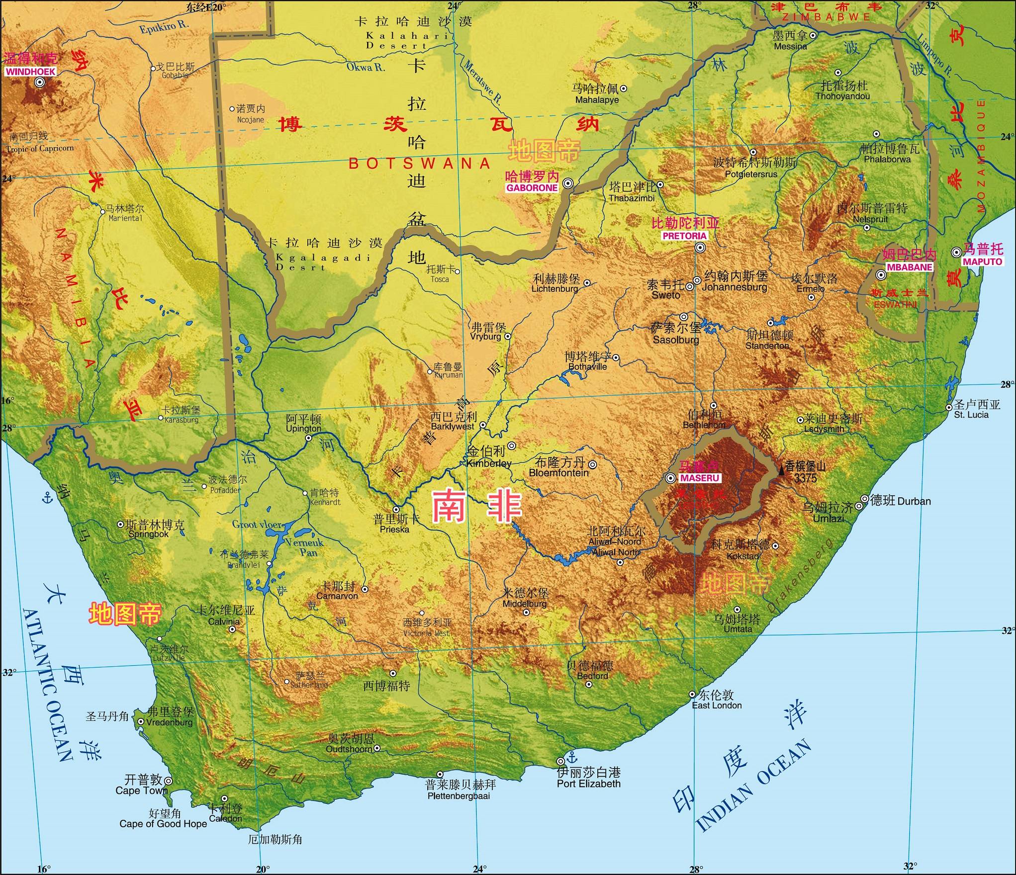 南非地形分布图图片