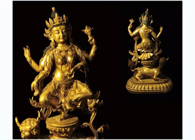 日本に ▽鴻▽銅製 塗金 四臂度母像 置物 古賞物 中国古玩 中国古美術
