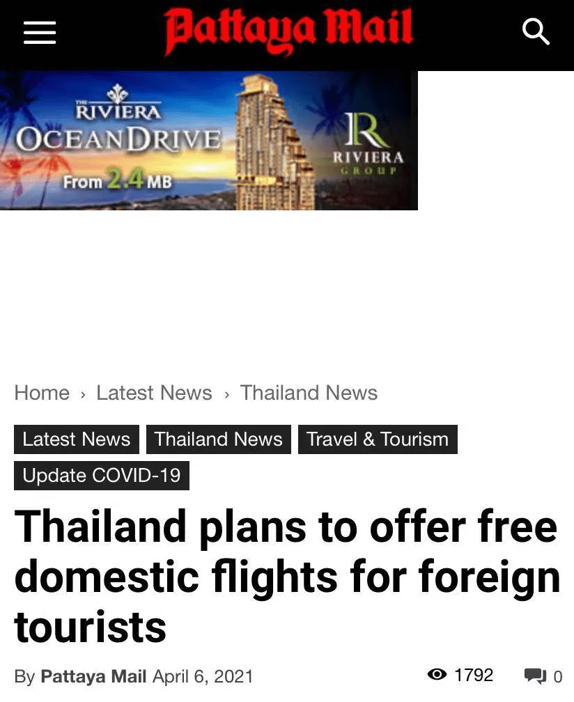 泰国考虑为外国游客提供免费机票！